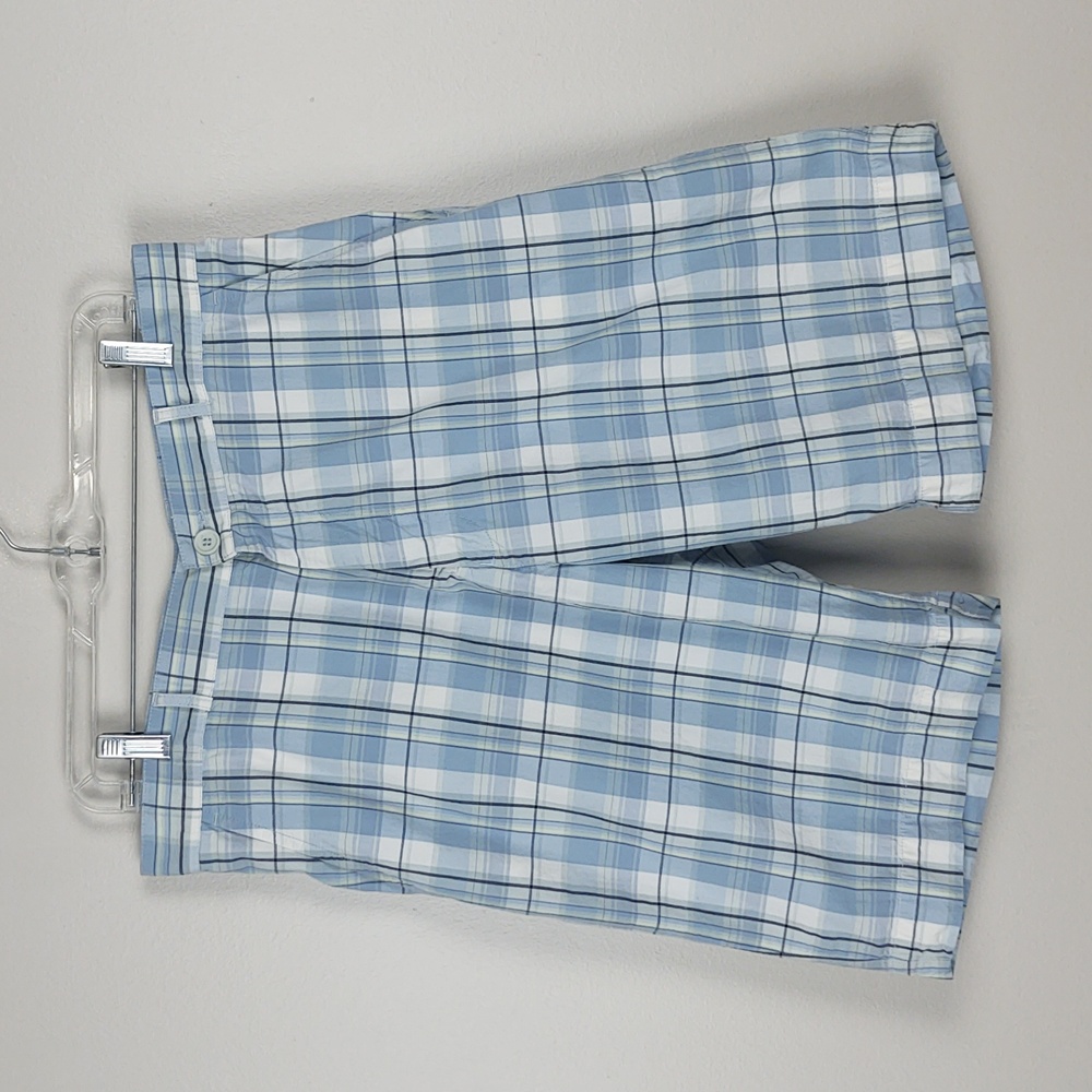 Lacoste Golf Shorts Plaid Blue White Flat Front Chino Shorts Size 34